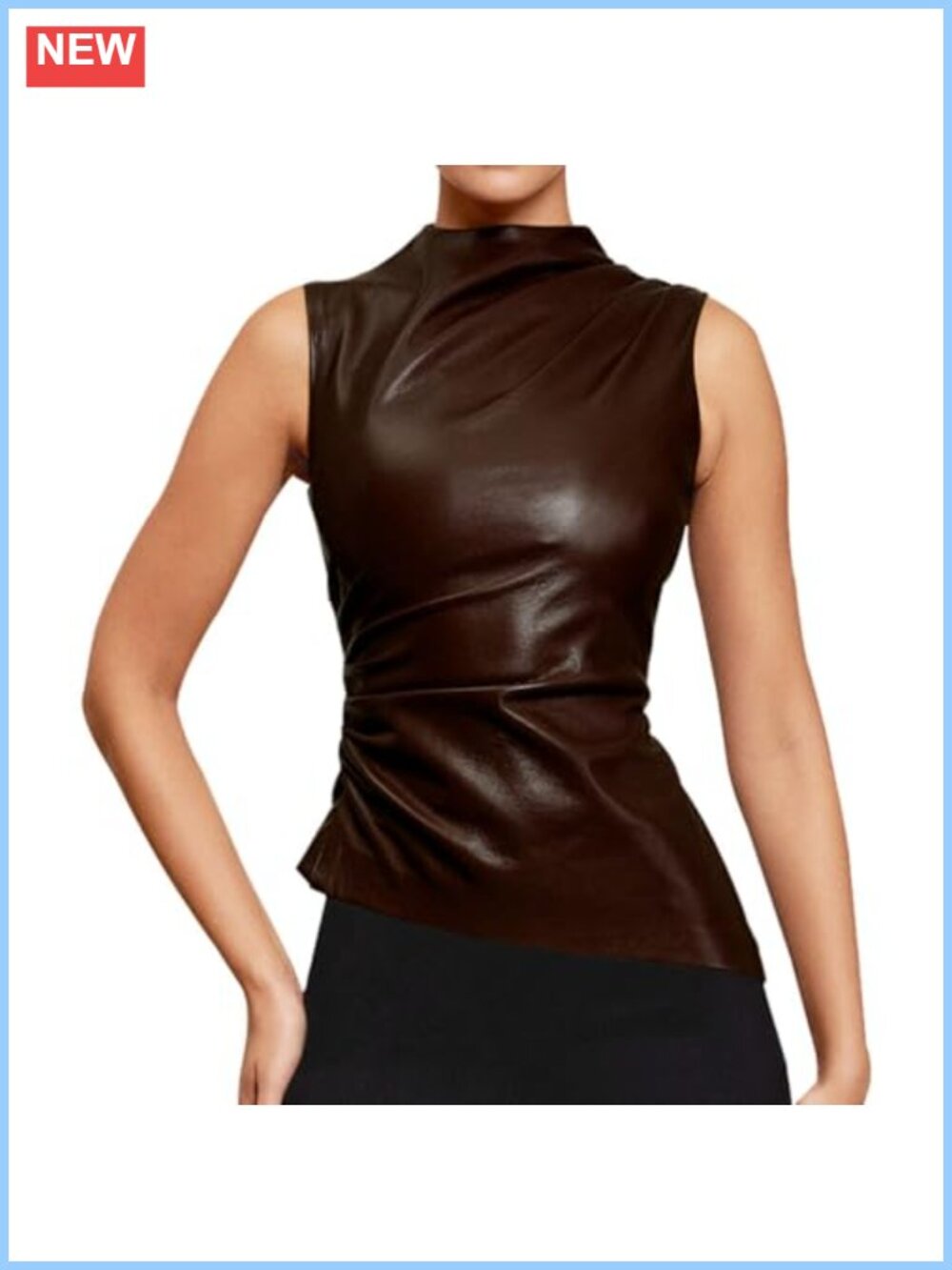 PU Leather Tank Crop Top Sleeveless Asymmetrical Ruched Mock Neck Vest